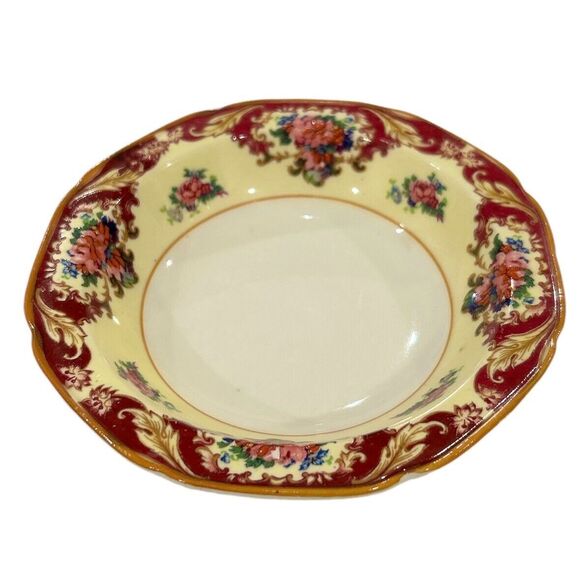 Vintage Crown Ducal Shallow Fruit Dish Red and Cream with Pink Flower Pattern - Picture 2 of 6